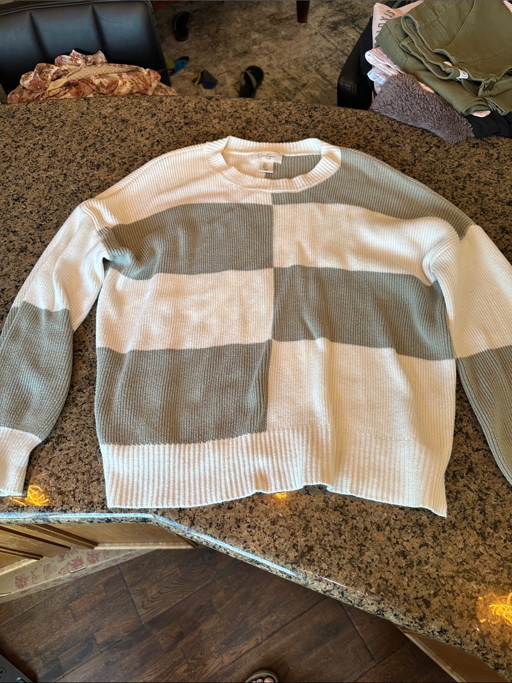 Jessica Simpson Striped Block Knit Sweater in White and Sage